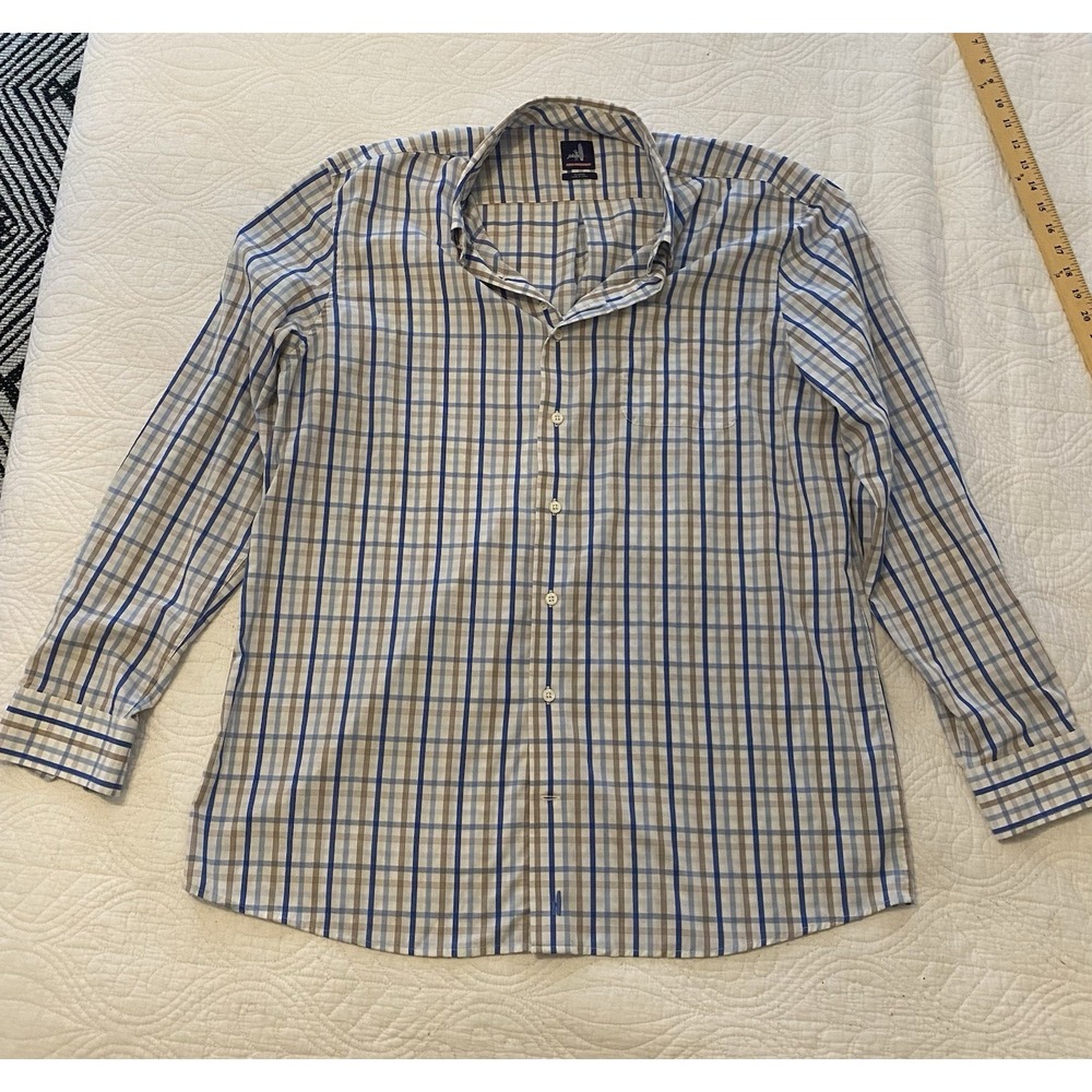 johnnie-O Prep-formance XL Plaid Button-Up Shirt Blue Brown Long Sleeve Men